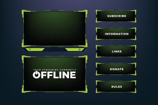Live gaming overlay design with buttons and screen panels for online gamers. Gaming screen overlay decoration with futuristic shapes. Live streaming overlay vector with green and dark colors.