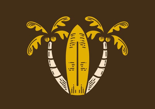 Surfboard with two coconut trees retro vintage art drawing vector