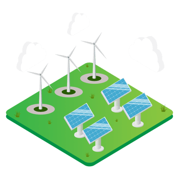 Renewable Energy isometric green gradient background with solar panel, windmill, and cloud png