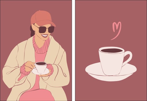 A set of posters on the coffee theme. A young girl is drinking coffee. Layout for a coffee shop. vector