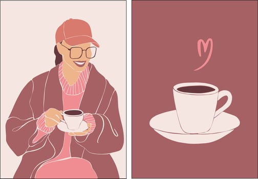 A set of posters on the coffee theme. A young girl is drinking coffee. Layout for a coffee shop. vector