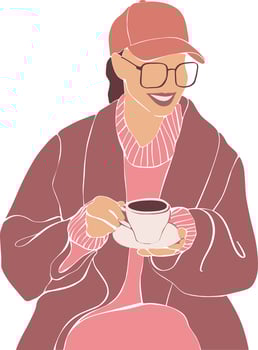 A young girl in a coat and cap drinks coffee. Illustration in a flat style. vector