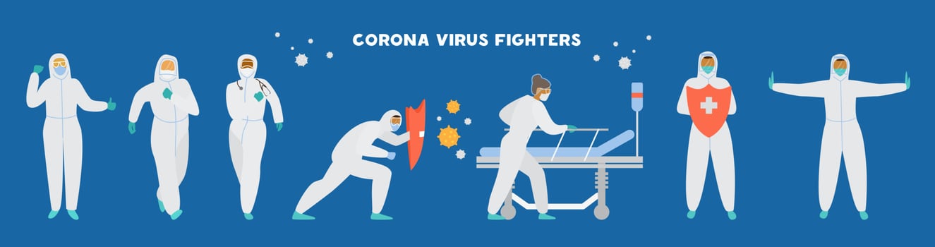 Coronavirus fighters. Set of doctors in protective overalls, masks, glasses and gloves in different poses, with shield and medical bed. Flat vector illustration.