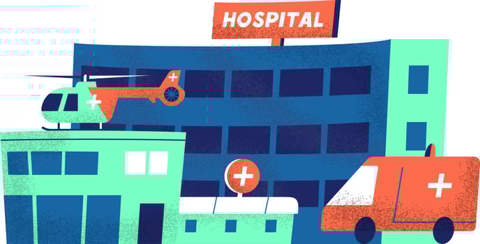 Hospital building exterior with ambulance car and medical helicopter on the roof. Flat vector illustration with textures. Isolated on white.