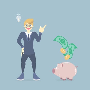 happy, smiling businessman in suit standing with light bulb lamp, piggy bank and money, having idea creative inspiration concept, flat vector illustration character cartoon design clip art