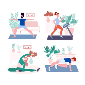 Home sport training set. People fitness activity in room, woman and man doing physical exercises yoga and gymnastics at home. Flat style sport illustration. vector