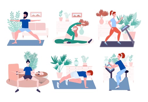 Home sport training set. People fitness activity in room, woman and man doing physical exercises yoga and gymnastics at home. Flat style sport illustration. vector