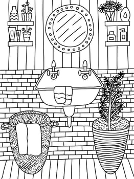 Toilet interior coloring page. Hand drawn bathroom interior with sink and mirror. Cozy coloring book for children and adults vector