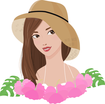 beautiful woman wear sun hat portrait with pink hibiscus flower png
