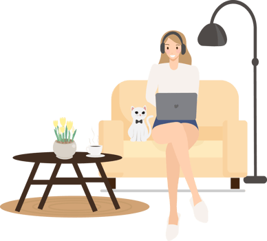 happy young woman work or study online at home with white pet cat flat style png