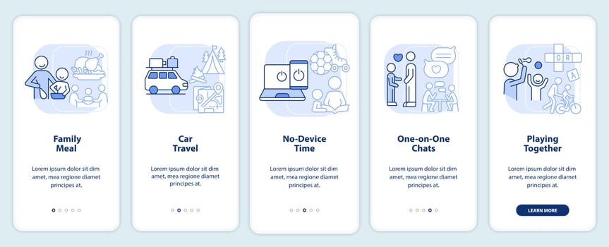 Quality time together light blue onboarding mobile app screen. Walkthrough 5 steps graphic instructions pages with linear concepts. UI, UX, GUI template. vector