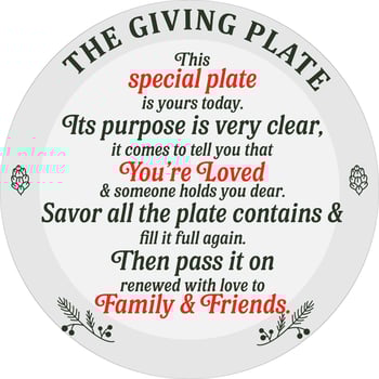 Christmas giving plate tradition vector text design. Enjoy, Refill, pass it on. Sharing plate, dish, background decoration printable. Quote saying phrase for family love, friends, relationship.