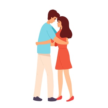Love tenderness and romantic feelings concept. Young loving smiling couple boy and girl standing hugging embracing each other feeling in love vector illustration,
