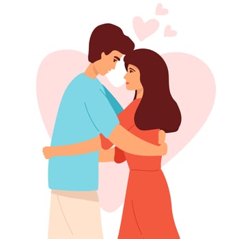 Love tenderness and romantic feelings concept. Young loving smiling couple boy and girl standing hugging embracing each other feeling in love vector illustration,