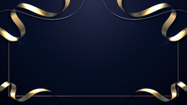 Abstract 3D elegant golden ribbon wave curved lines with gold frame and lighting effect on dark blue background vector