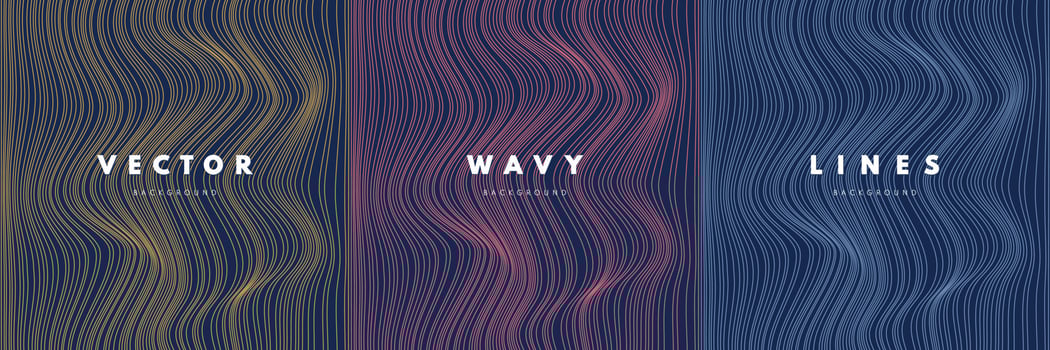 Set of abstract yellow, pink, blue curve wavy lines textures on dark blue background. Simple flat pattern design with copy space. Use for cover template, poster, web banner web, Print ad. Vector EPS10