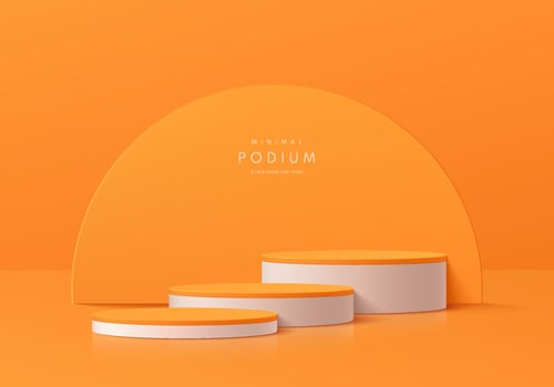 Realistic 3D orange, white steps cylinder pedestal podium set with semi circle scene background. Abstract minimal scene for mockup products display, Round stage for showcase. Vector geometric forms.