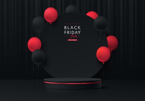Realistic 3D black, red cylinder pedestal podium with round circle background and red balloon. Black friday sale concept, Vector abstract minimal scene for products stage showcase, Promotion display.