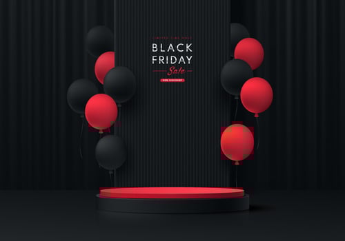 Realistic 3D black, red cylinder pedestal podium with black curtain background and red balloon. Black friday sale concept, Vector abstract minimal scene for products stage showcase, Promotion display.