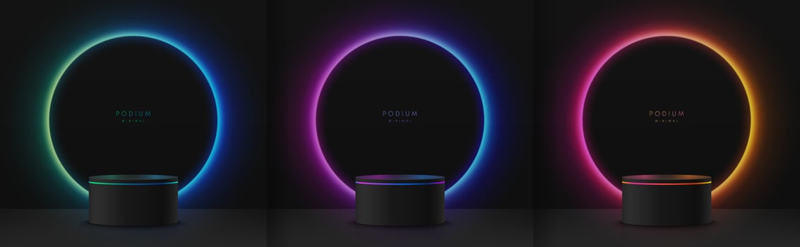Set of realistic 3d background with pedestal cylinder podium. Green, red, blue, orange glowing neon light circle scene. Abstract minimal scene products display, Stage showcase. Vector geometric forms.