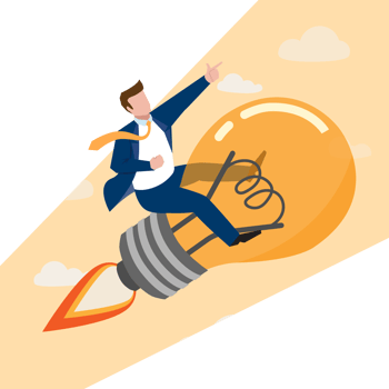 Creative new idea, innovation start up business or inspiration to achieve success goal concept, happy smart businessman leader riding flying bright lightbulb lamp with rocket booster in the cloud sky. png