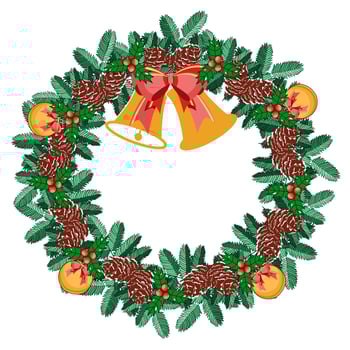Winter decoration wreath with Christmas tree branches, cones, and ornaments and with holly berries, bells and ribbon bow vector