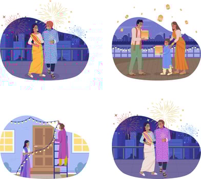 Diwali Indian holiday 2D vector isolated illustrations set. Ancient fest celebrating flat characters on cartoon background. Traditions colourful editable scenes for mobile, website, presentation pack