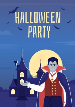 Halloween party in vampire castle flat vector banner template. Gothic decor. Spooky horror poster, leaflet printable color designs. Editable flyer page with text space