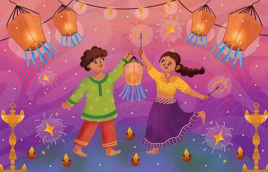 Hand-drawn Kids and Light Diwali Festivity vector