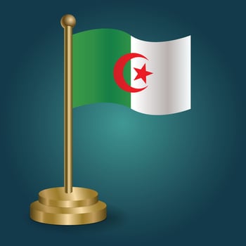Algeria national flag on golden pole on gradation isolated dark background. table flag, vector illustration