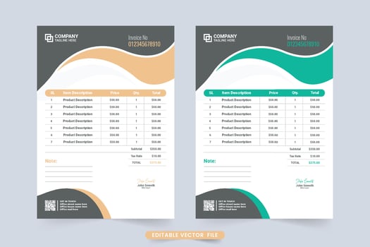 Minimalist payment agreement and price receipt design vector. Print-ready product purchase invoice and payment voucher template. Creative invoice template decoration with orange and blue color shade. vector