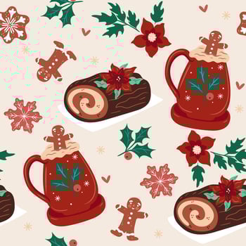 Seamless pattern with winter drinks and biscuits. Vector graphics.
