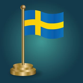 sweden national flag on golden pole on gradation isolated dark background. table flag, vector illustration