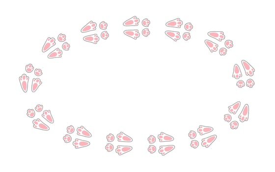 Rabbit or hare footprint trail. Easter bunny foot prints. Rabbit paw steps. Hare steps track on snow. Blank round frame template. Vector illustration isolated on white background in flat style