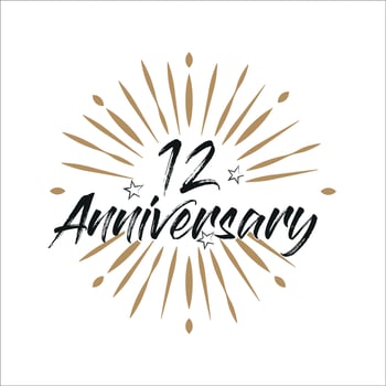 12 years anniversary retro vector emblem isolated template. Vintage logo with ribbon and fireworks on white background
