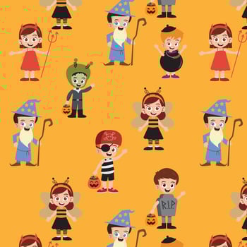 Cute kids wearing halloween costumes pattern vector illustration.