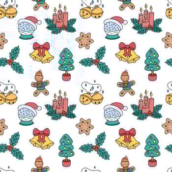 Christmas doodles seamless pattern. Vector white background with outline hand drawn Christmas holiday elements. Xmas design objects. Holly, tree, jingle bells. Doodle repeat illustration