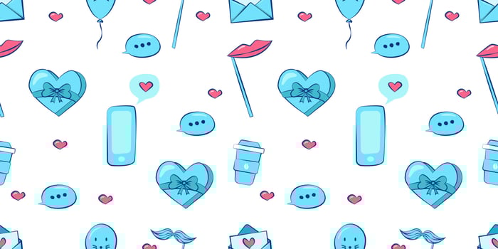 seamless festive pattern from a set of cliparts. With quotes, sweets, drinks, party decorations vector
