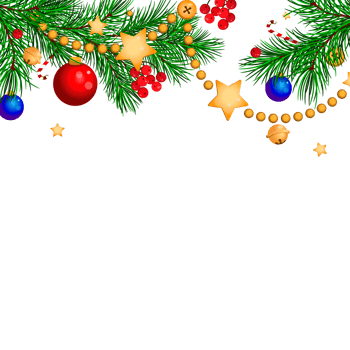 Christmas decoration, frame  illustration. drawing of fir branches with red balls and garlands, bells, candy canes png