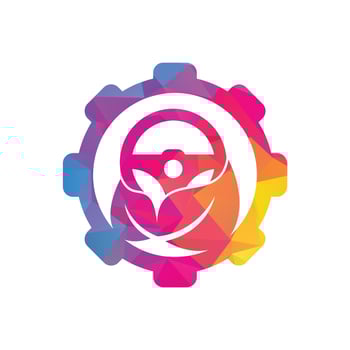 Eco steering wheel vector logo design. Steering wheel and gear shape symbol or icon.