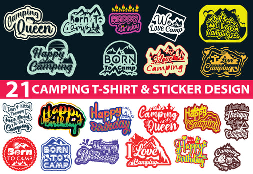 Camping, happy birthday t shirt and sticker design template bundle vector
