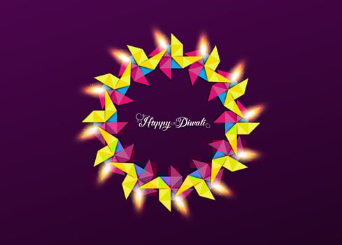 Happy Diwali Festival of Lights Celebration, colorful template, crown of lights in origami paper Graphic design of Indian Diya Oil Lamps, Modern Flat Design vector banner art style,  purple background