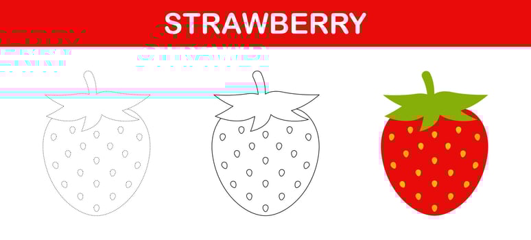 Strawberry tracing and coloring worksheet for kids vector