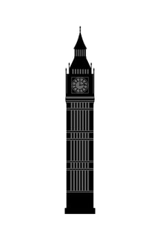 Black Big Ben Tower on a white background. British symbol. Detailed. Travel London. Tourism object in England. Vector illustration.