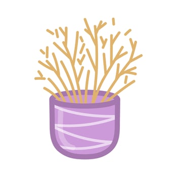 Purple plant pot with brown branches. Hand drawn illustration in cartoon style. Vector isolated on white background.