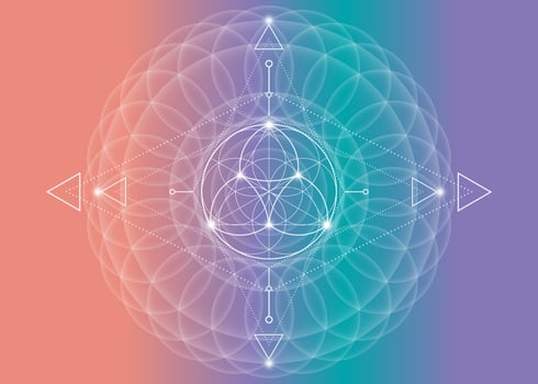 Sacred Geometry, Flower of Life, lotus flower mandala. Neon vintage logo Symbol of Harmony and Balance, Glowing Geometrical Ornament, yoga relax, vector isolated on colorful background