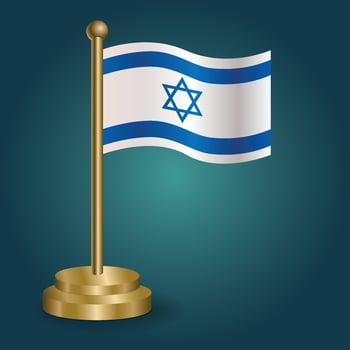 Israel national flag on golden pole on gradation isolated dark background. table flag, vector illustration