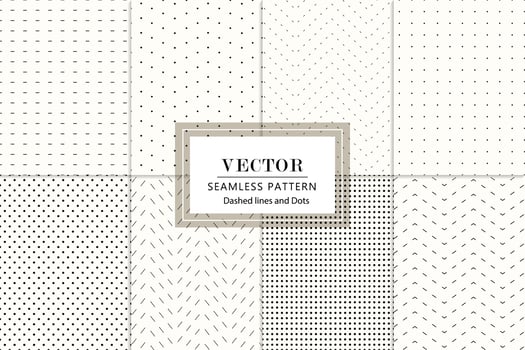 Black small simple dashed lines and dots, polka dot seamless repeat pattern design on a white background vector