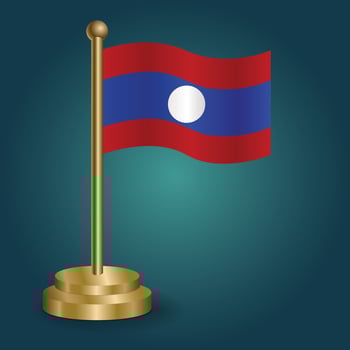 Laos national flag on golden pole on gradation isolated dark background. table flag, vector illustration