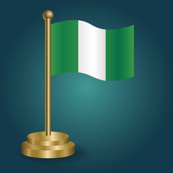 Nigeria national flag on golden pole on gradation isolated dark background. table flag, vector illustration